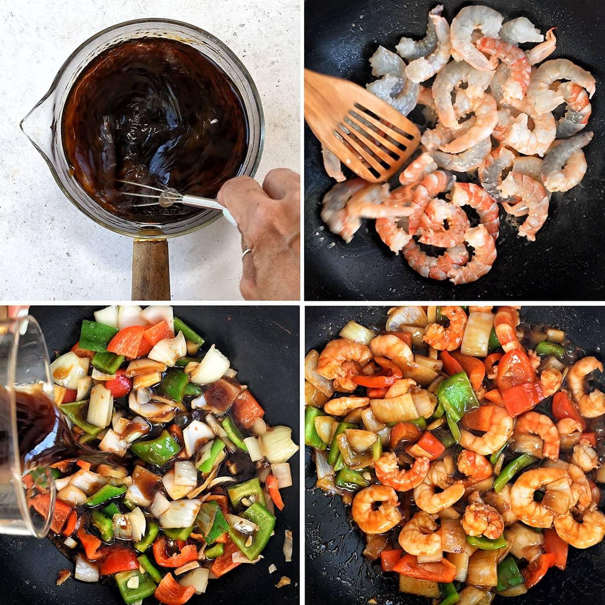 Four images show steps of cooking shrimp stir-fry: whisking sauce in a measuring cup, sautéing shrimp in a pan, pouring sauce over stir-fried peppers and onions, and the finished shrimp and vegetable stir-fry.
