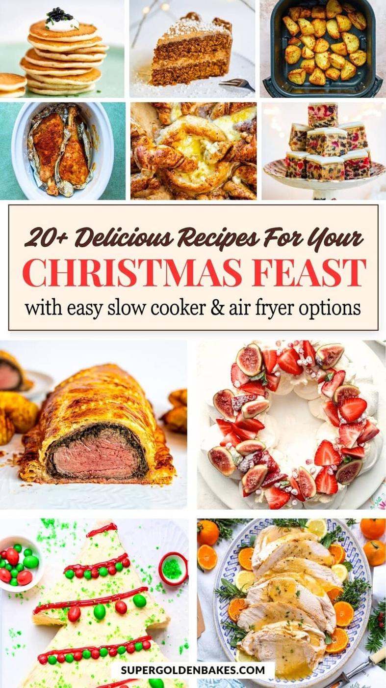 A collage of festive dishes including pancakes, cake, roast potatoes, salmon, fruitcake, beef Wellington, pastry wreath, decorated cookies, and a turkey plate with “20+ Delicious Recipes For Your Christmas Feast” written in the center.