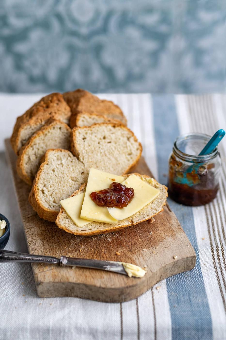 Three ingredient bread, sliced on a cutting board