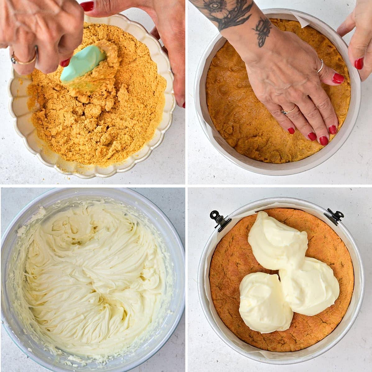 Four-panel image showing hands pressing a crumb crust into a pan, creamy white mixture in a bowl, and dollops of the mixture being spread onto the crust. Person has red nails and a floral tattoo on one wrist.