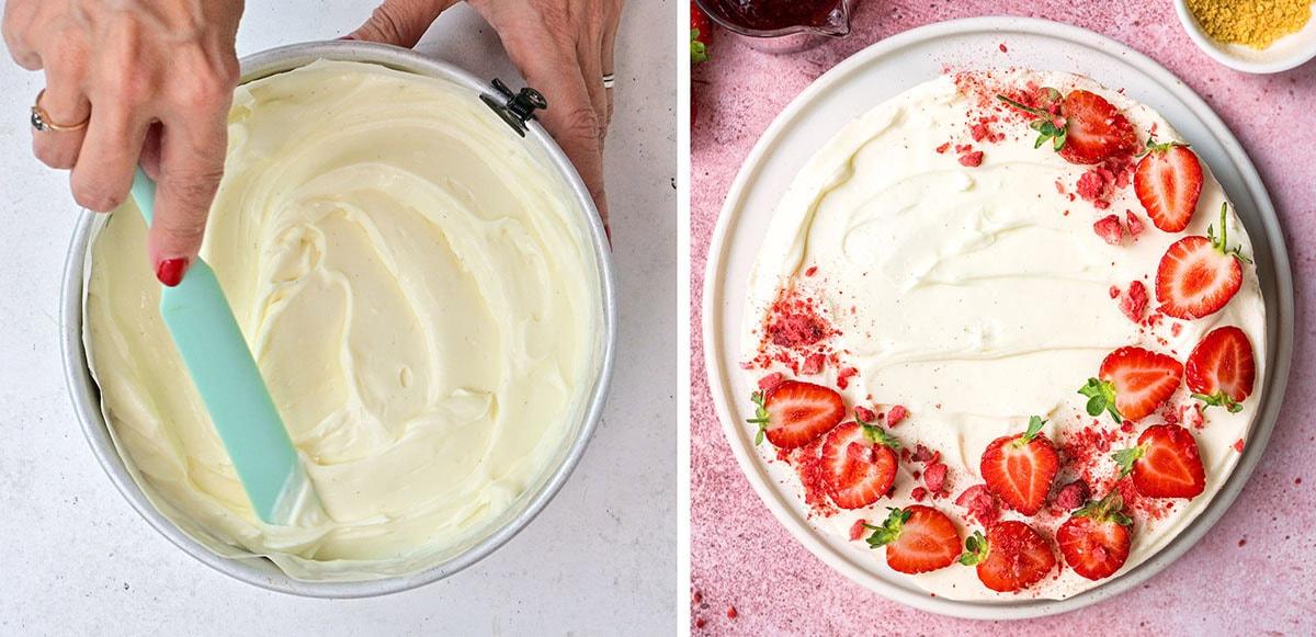 On the left, a hand spreads creamy white cheesecake filling in a pan. On the right, a finished cheesecake is topped with sliced strawberries and crumbs on a pink surface.