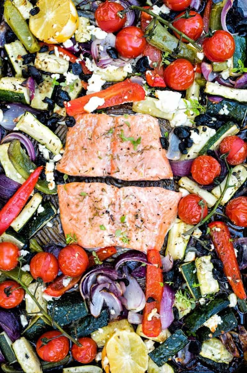 30 minute Mediterranean sheet pan salmon with couscous