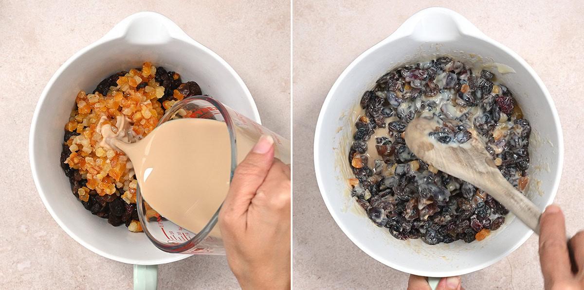 soaking mixed fruit with Baileys and sweetened condensed milk (collage)