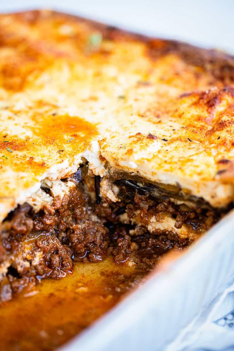 Close up on Greek Moussaka with slice taken out