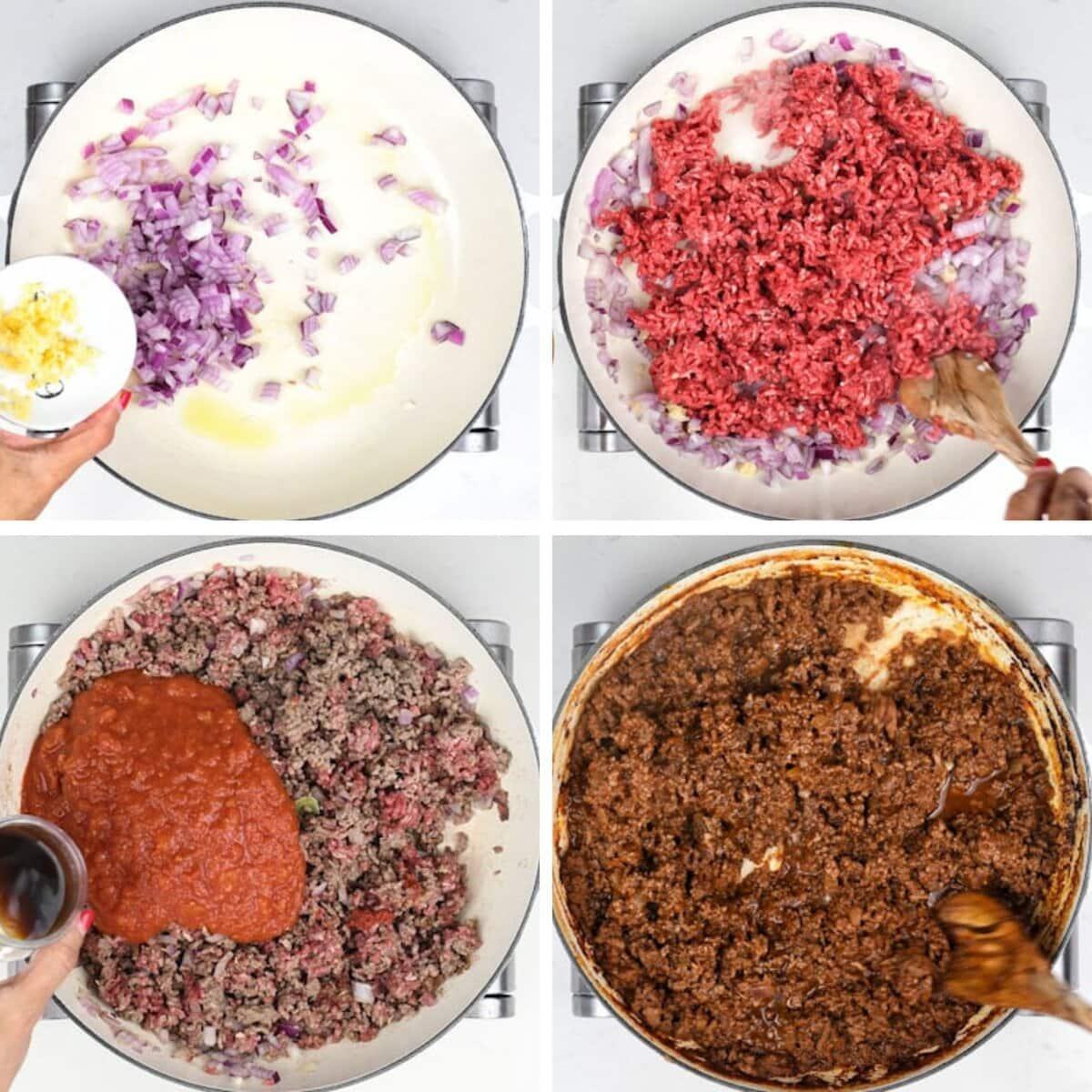 Four-panel collage showing the process of making meat sauce for a healthy moussaka: sautéing chopped onions, adding raw ground beef, pouring tomato sauce and liquid, and stirring the finished browned meat sauce in a white skillet.