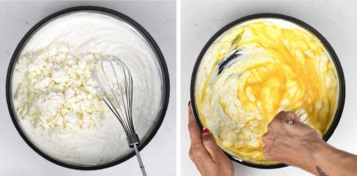 Side-by-side images: Left shows a bowl of white creamy mixture with crumbled cheese and a whisk; right shows hands stirring a yellow and white batter for Healthy Moussaka in a bowl with a spatula.