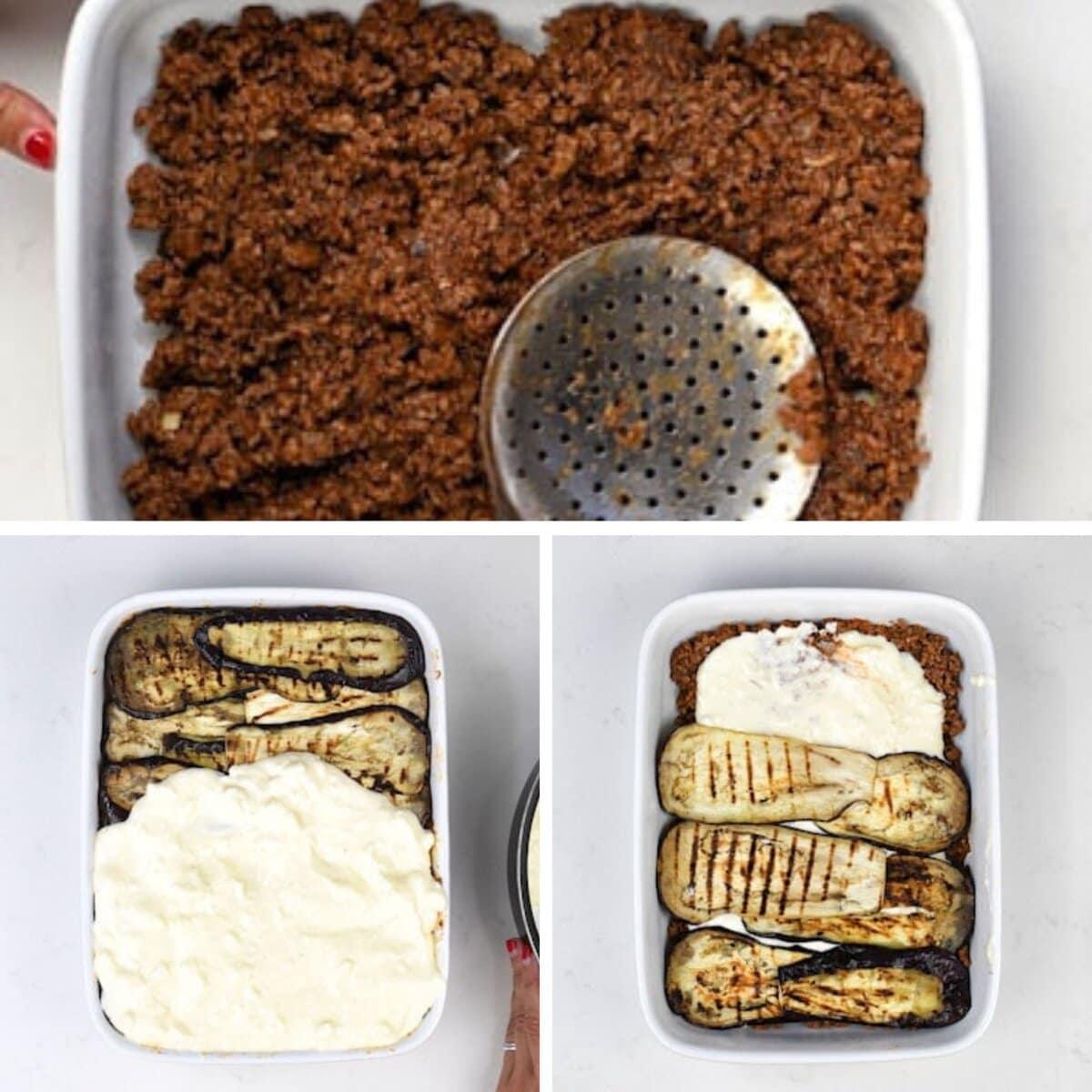 Three-step collage showing Healthy Moussaka preparation: top image with minced meat, bottom left with grilled eggplant and béchamel sauce, and bottom right layering more eggplant and sauce in a baking dish—a simple moussaka recipe healthy option.
