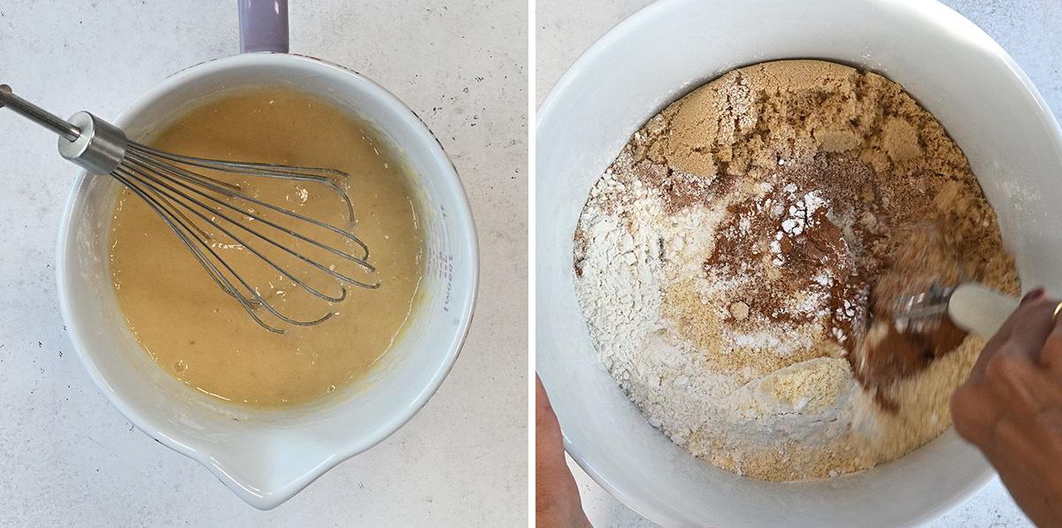 Combining wet ingredients (left) and dry ingredients (right) for apple cake