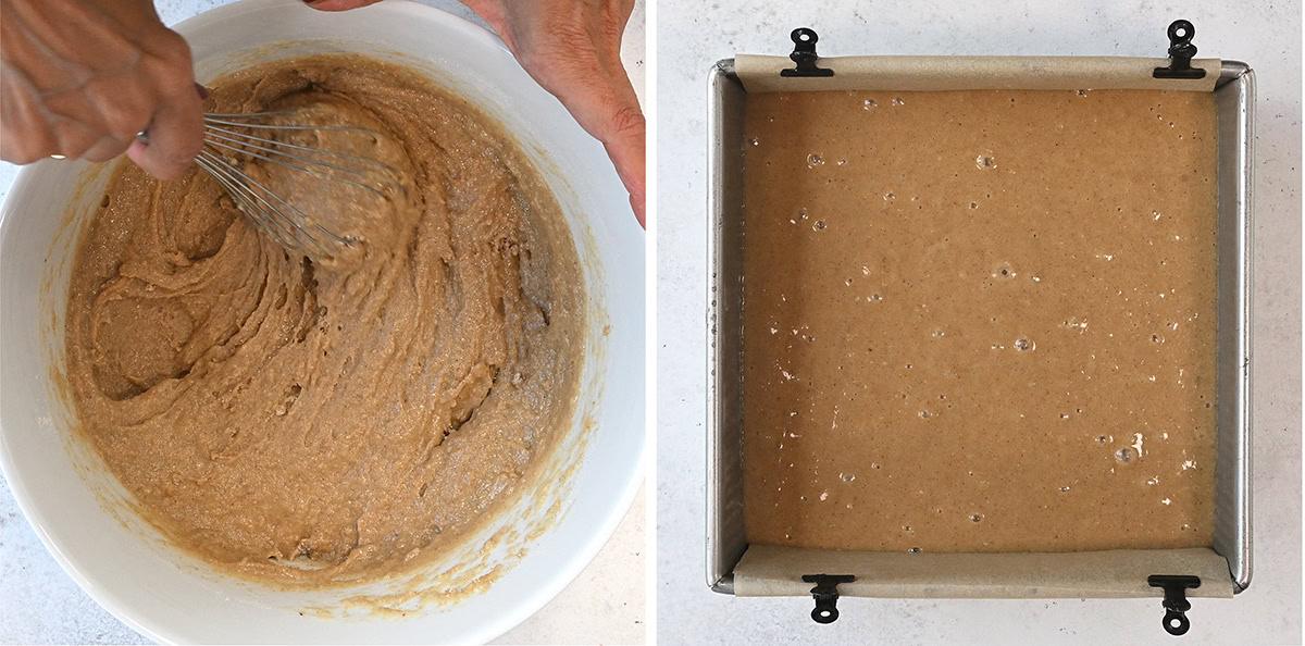 apple cake batter in a bowl (left) and in a square cake pan (right)