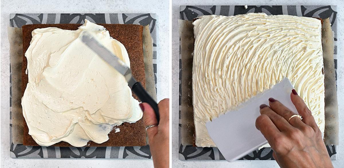 spreading cream cheese frosting over apple cake (collage)