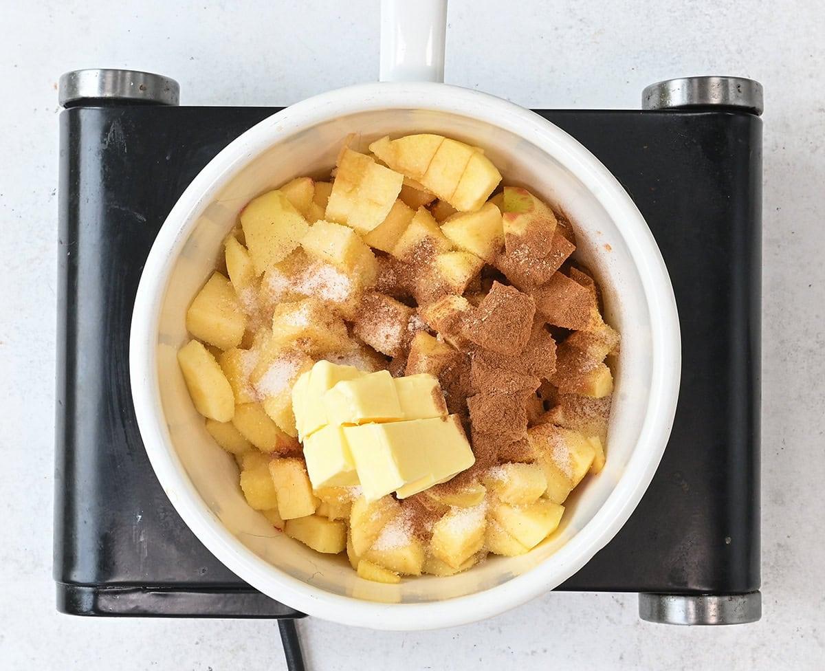 apple crumble filling cooking in a saucepan