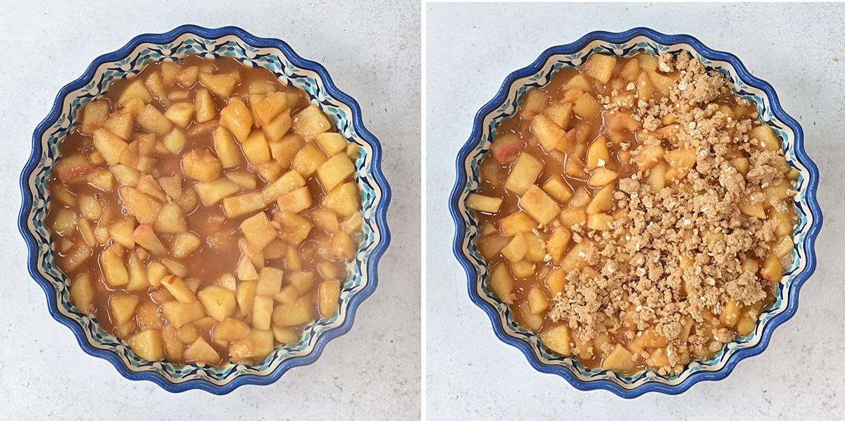 apple crumble collage showing the filling in a pie dish