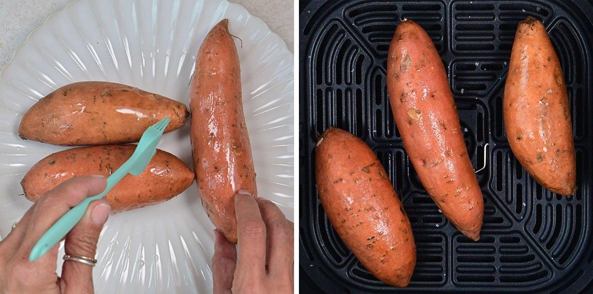 Split image: Left side shows hands brushing oil on sweet potatoes with a blue brush; right side shows three oiled sweet potatoes placed in an air fryer basket, ready to cook.