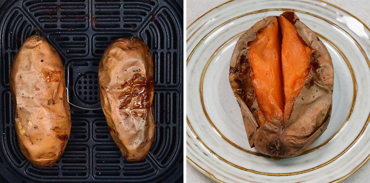 Two images side by side: on the left, two whole sweet potatoes in an air fryer basket; on the right, a cooked sweet potato split open on a plate, revealing its orange interior.