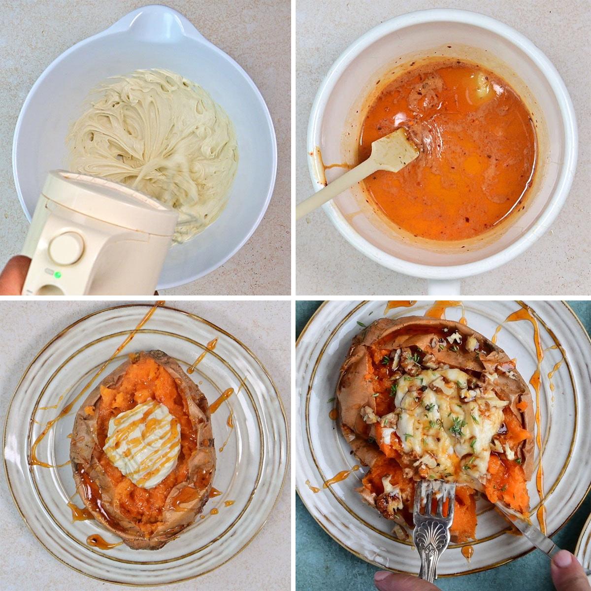 Four images show steps of a recipe: whisking goat's cheese in a bowl; stirring hot honey sauce; a baked sweet potato topped with butter and sauce; the same potato with cheese, nuts, herbs, and a fork cutting into it.