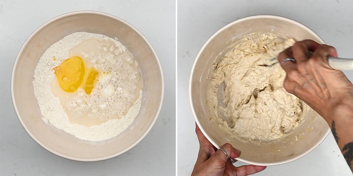 Shaggy, sticky air fryer bread dough being mixed together in a large bowl with a wooden spoon, before kneading.