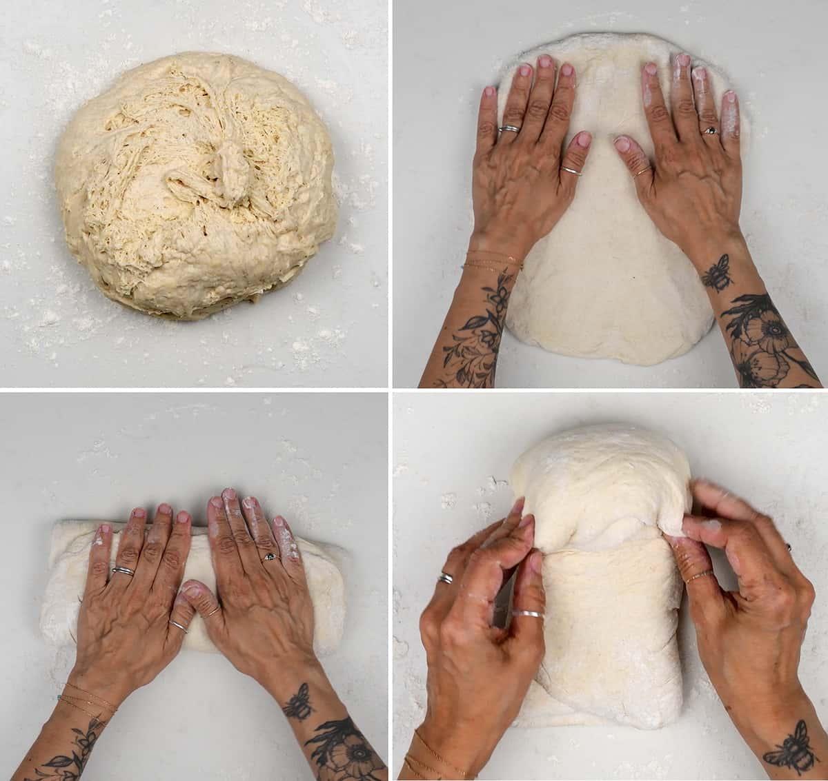 Collage of four steps showing air fryer bread dough being folded and shaped into a round boule on a lightly floured wooden worktop.