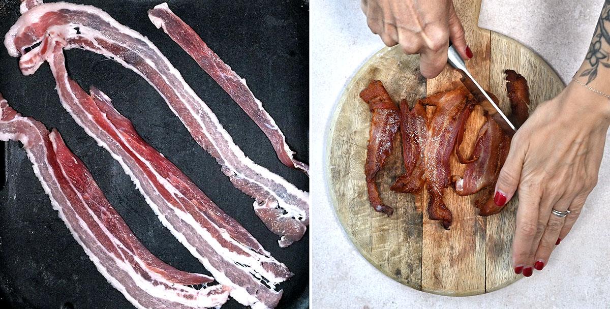 cooking bacon (left) and chopping crisp bacon (right)