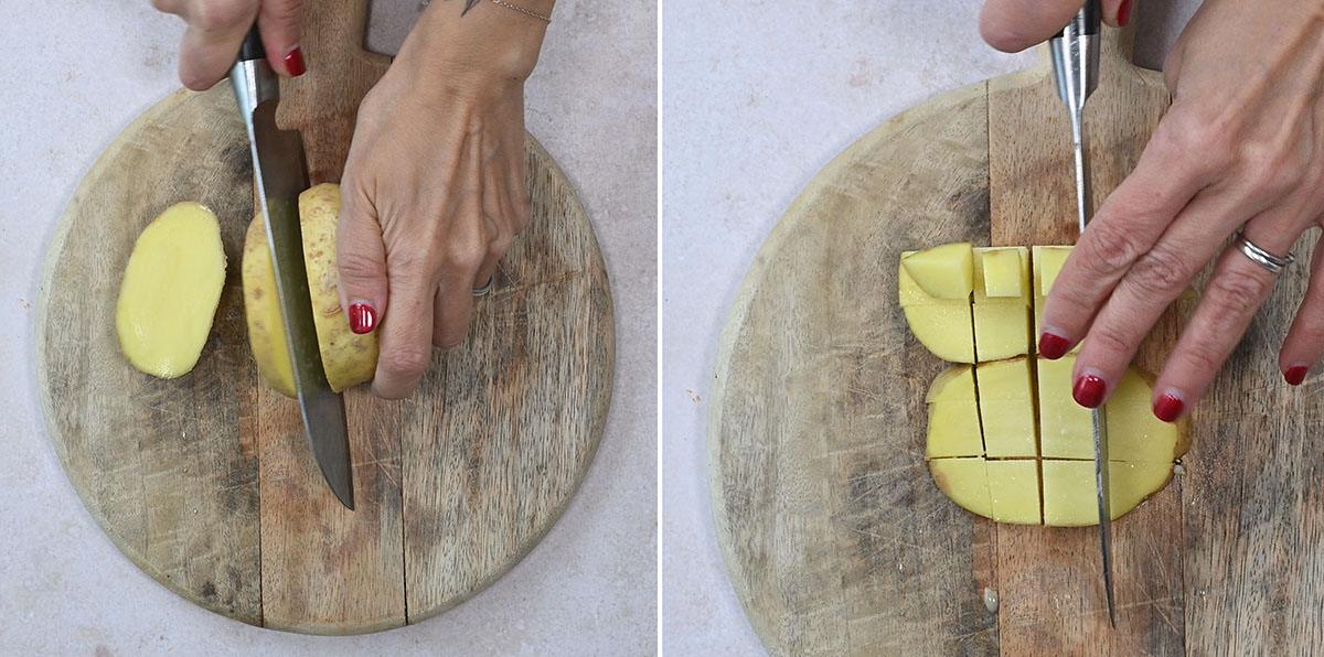 chopping potatoes on a cutting board