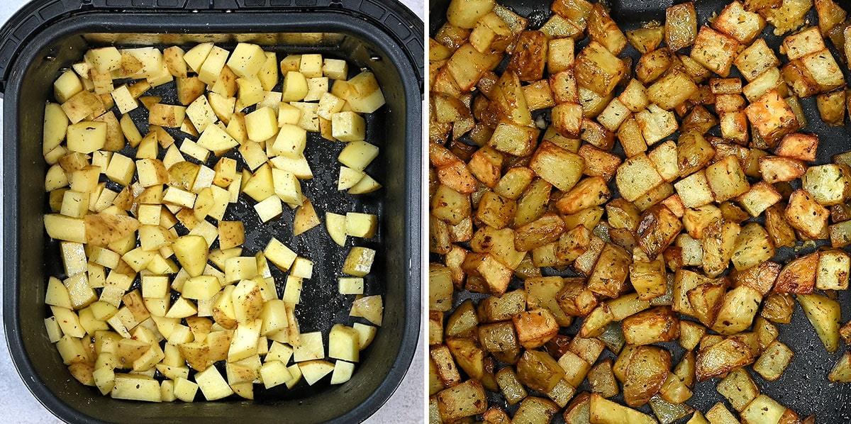 cubed potatoes in air fryer basket pre and post cooking