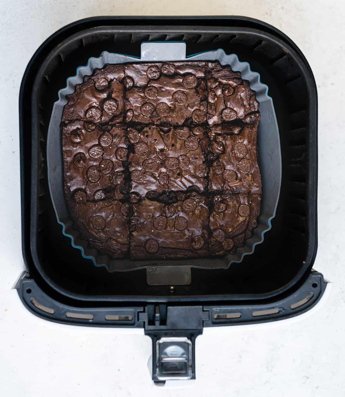 Brownies in a silicone baking pan in an air fryer