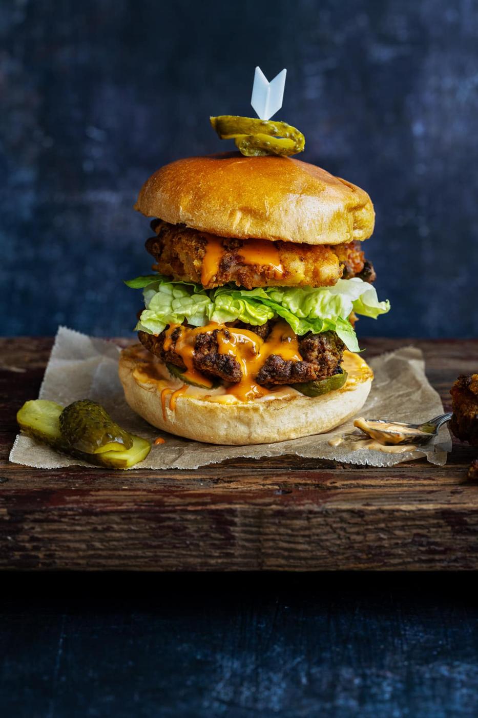 Air fryer buttermilk fried chicken sandwich in brioche bun with pickles, lettuce and spicy mayonnaise