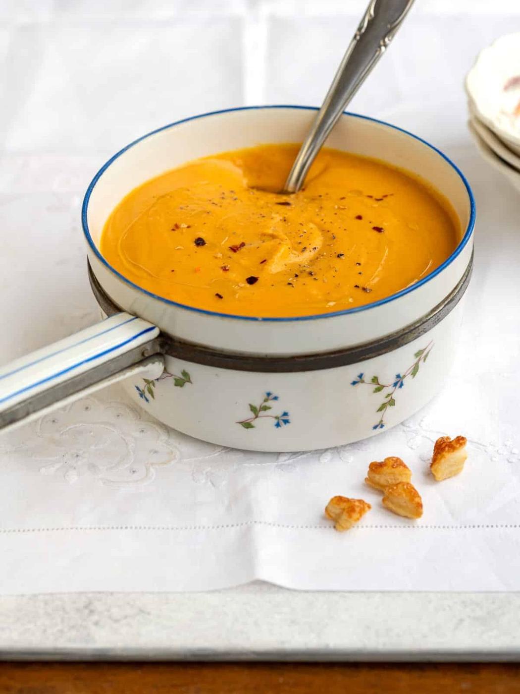 Pot of roasted butternut squash soup made in the air fryer
