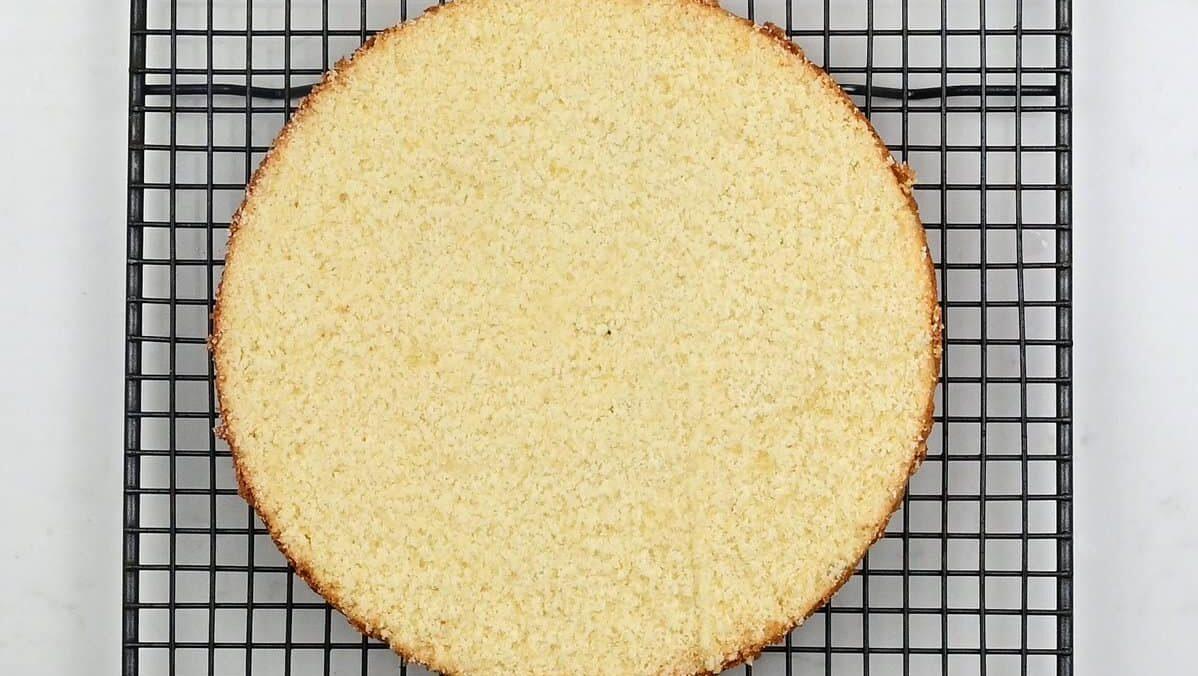 sliced sponge cake on a cooling rack