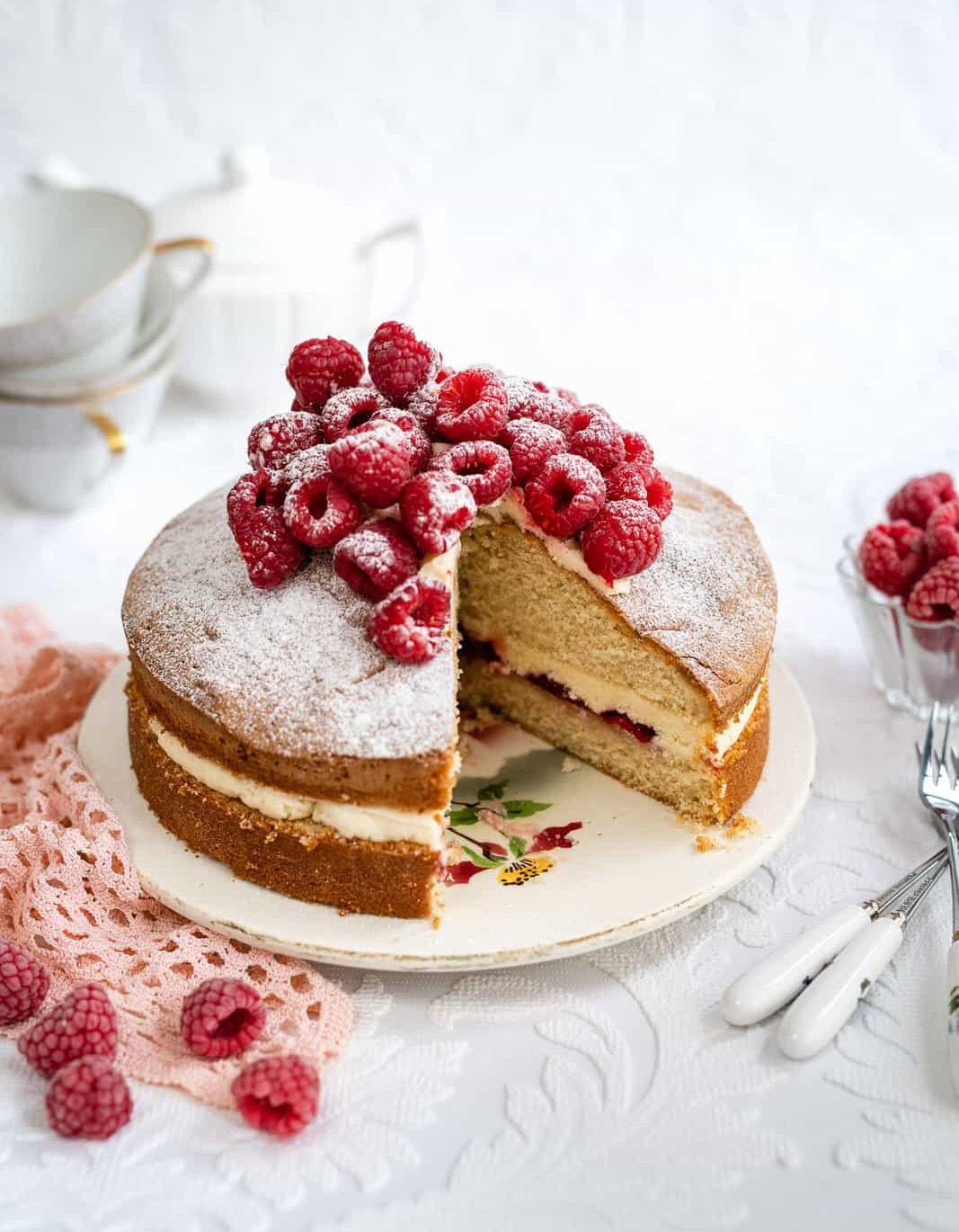 Air fryer sponge cake with slice cut out