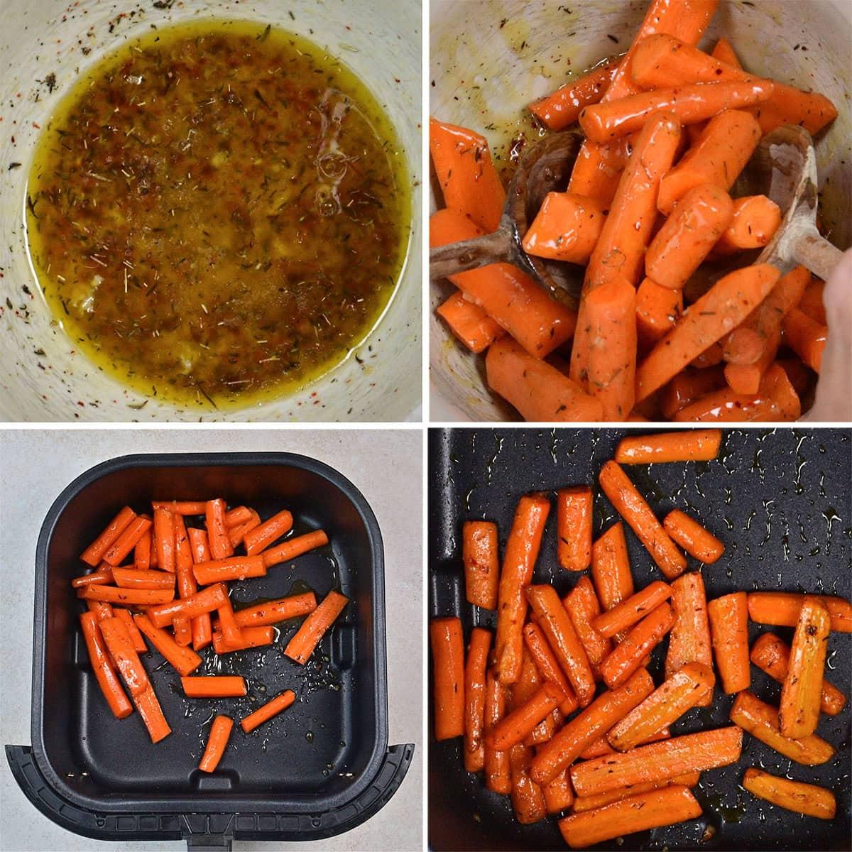 Four images show steps for making air fryer carrots: mixing seasoning sauce, coating carrot sticks with the sauce, placing carrots in an air fryer basket, and cooked carrots in the basket, slightly browned.
