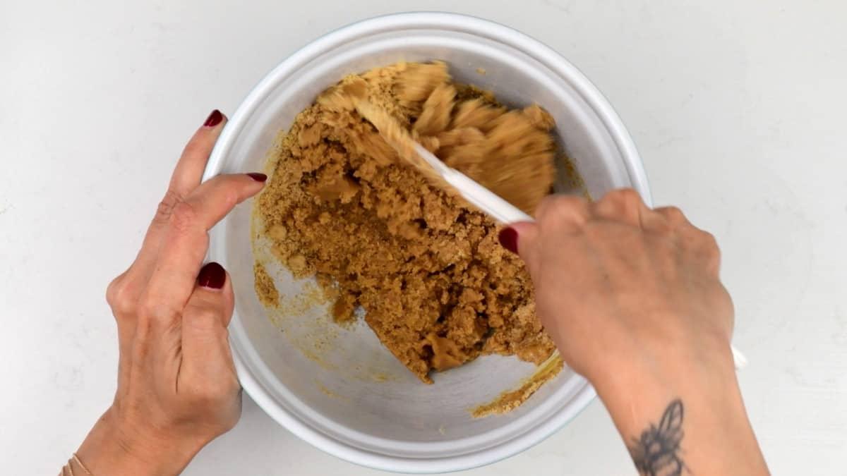 mixing cookie crumbs with melted butter to make cheesecake crust
