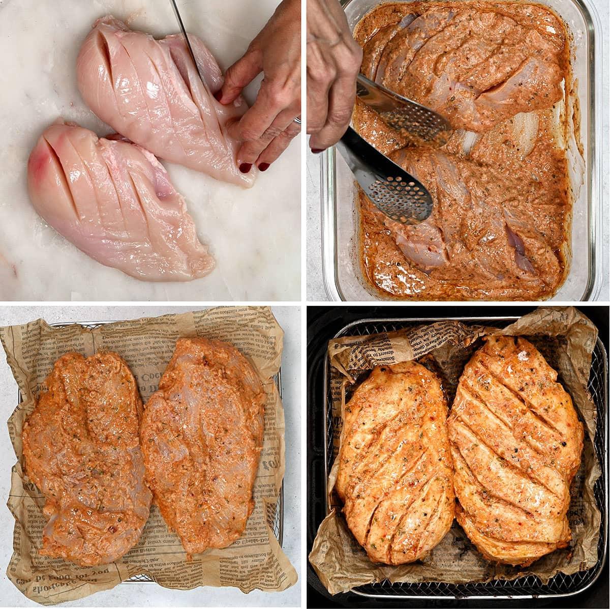 A four-step process of preparing chicken: slicing raw chicken breasts, marinating them in spices, placing the marinated chicken on parchment, and cooking the seasoned chicken breasts until golden.
