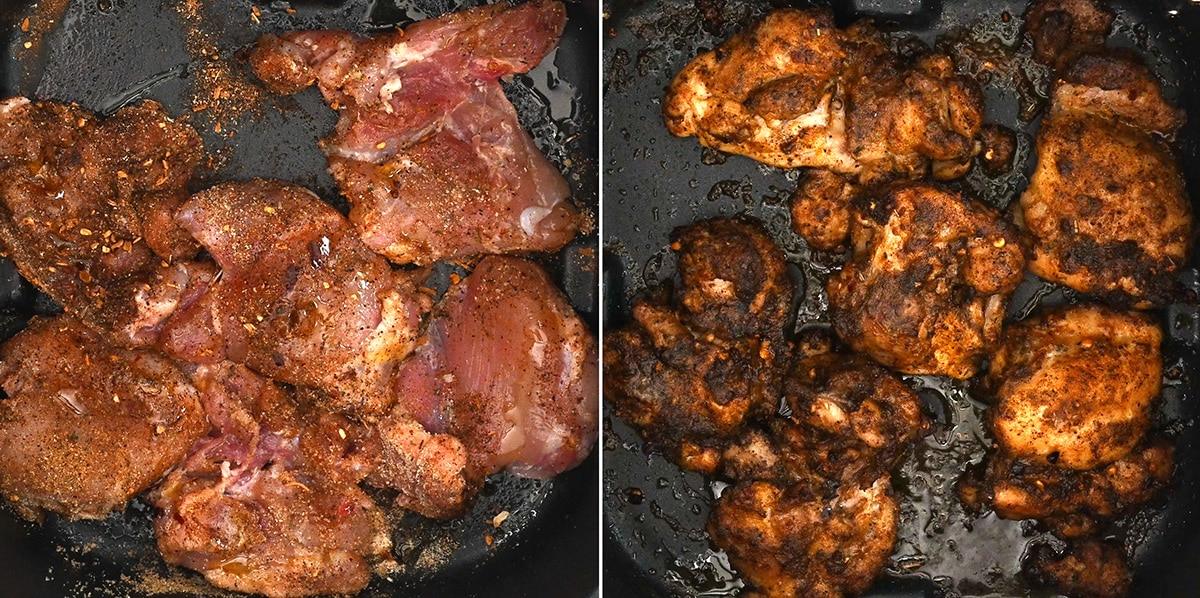 seasoned chicken thighs in the basket of an air fryer. Collage shows them before and after being cooked