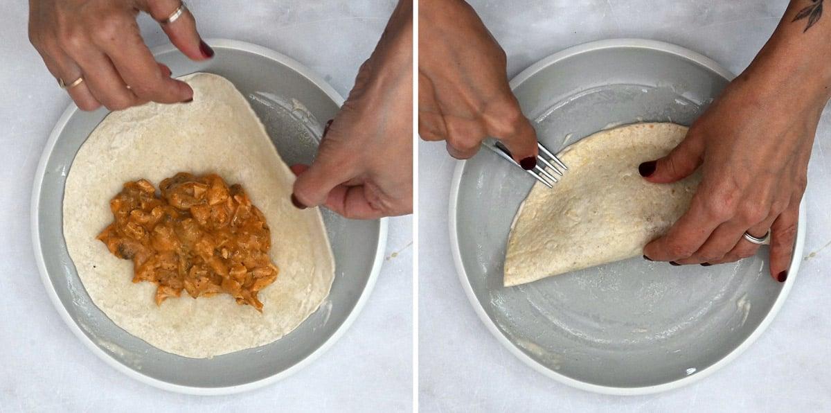 collage showing how to fill an seal empanadas using tortillas as a shell