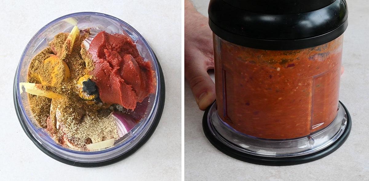 Left side: Blender cup filled with curry paste ingredients, including spices, tomato paste, and ginger. Right side: Hand holds the blender with the mixture fully blended into a smooth, red paste.