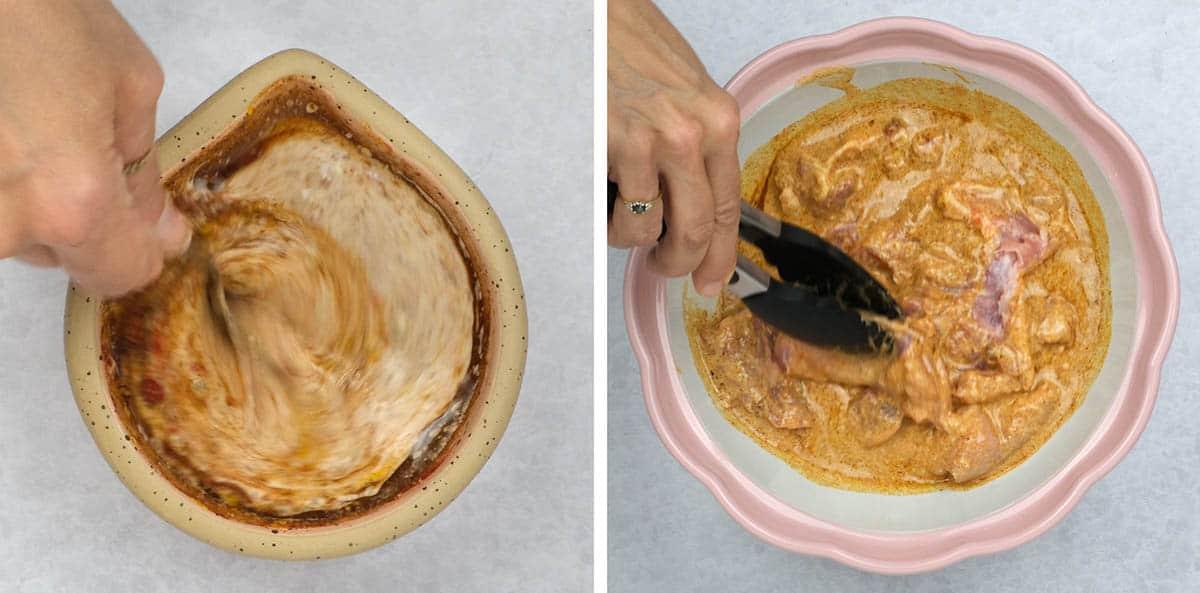 Sharwama marinade and chicken in the marinade collage
