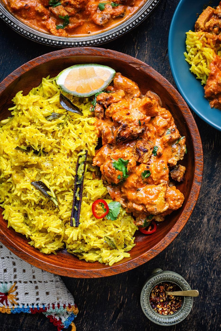 chicken tikka masala curry served with pilau rice