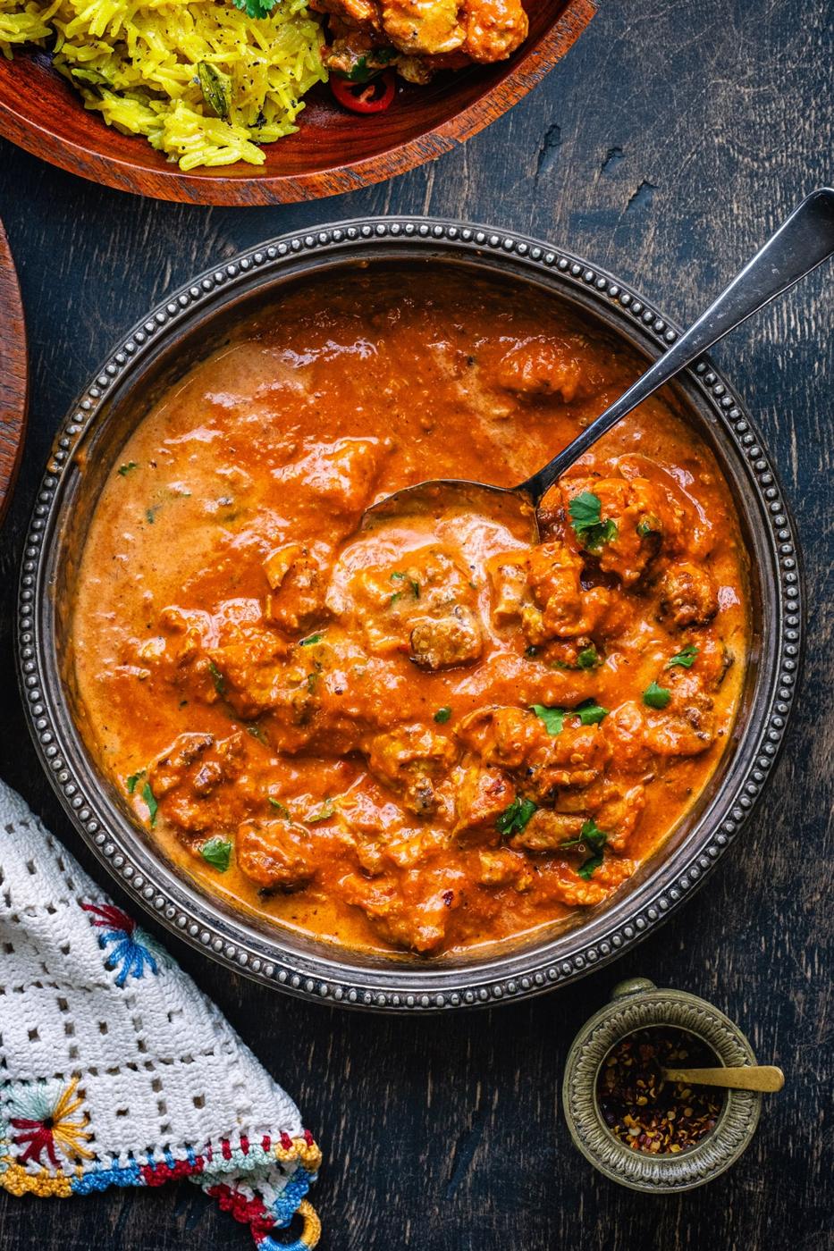 Bowl of chicken tikka masala curry cooked in the air fryer