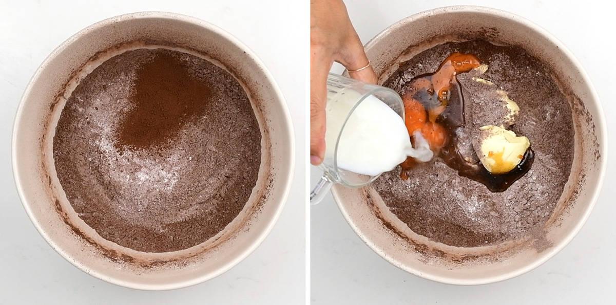 collage showing how to make chocolate sponge cake
