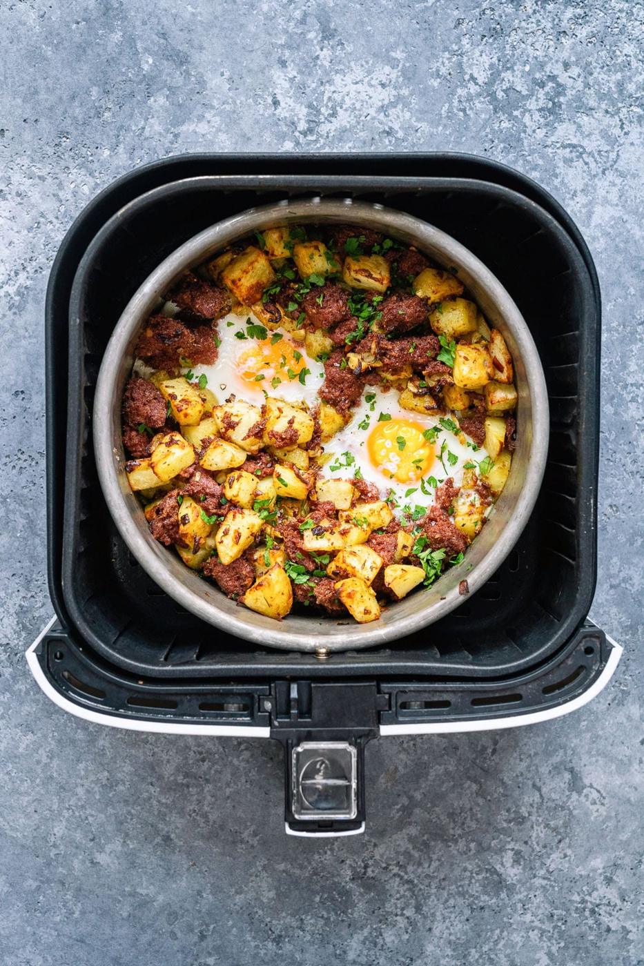 Air Fryer Corned Beef Hash in air fryer basket