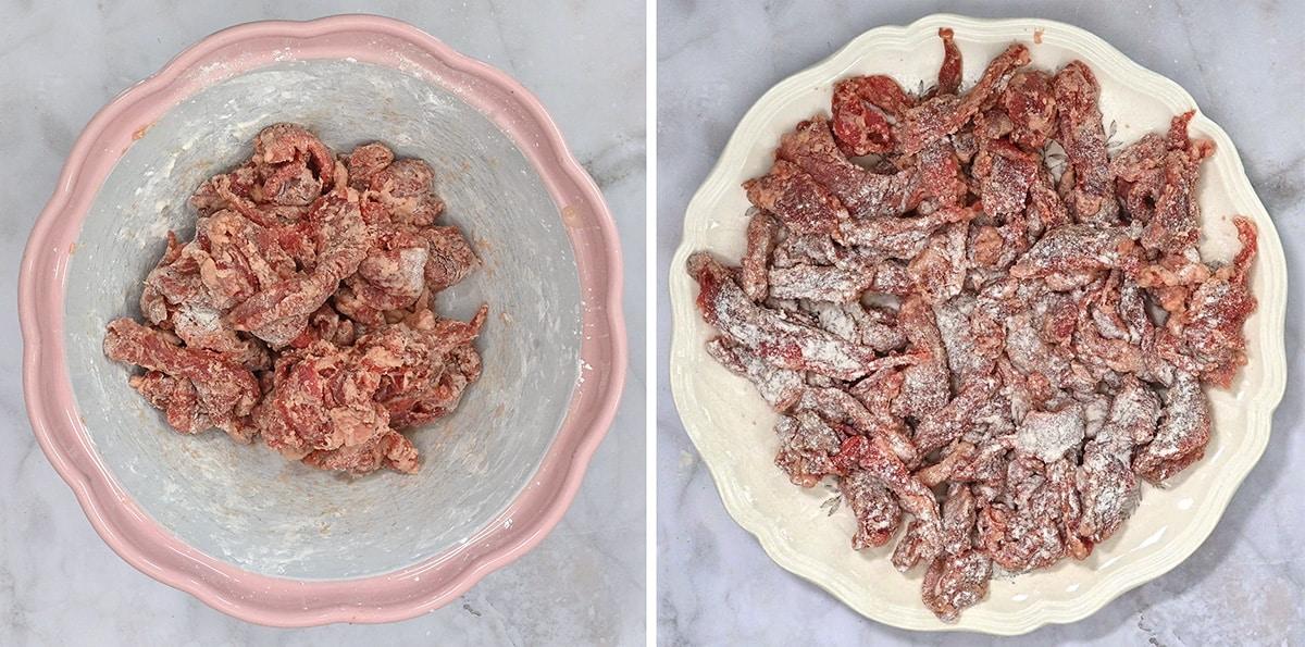 collage showing beef strips in a marinade and beef strips coated in cornflour on a plate