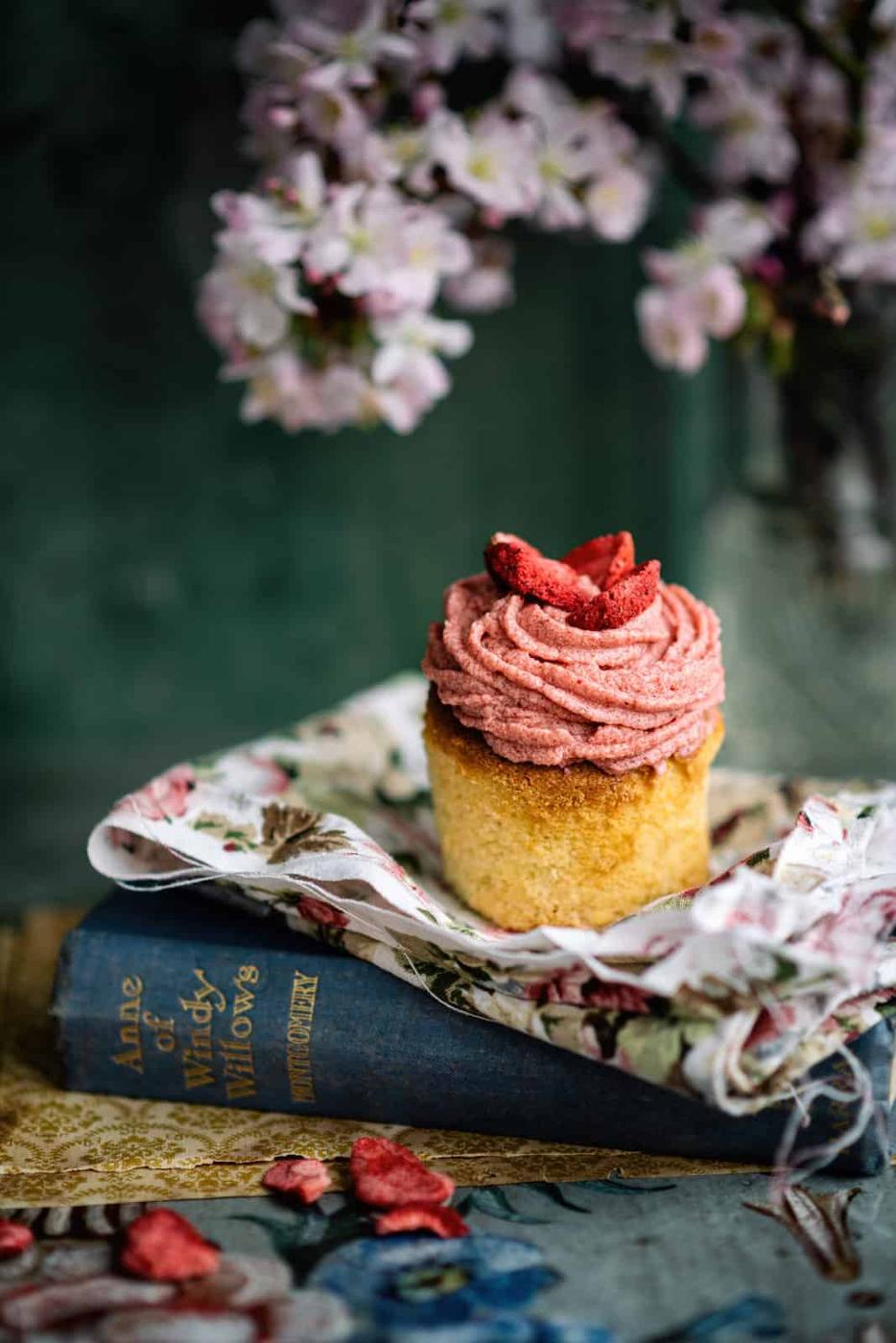 Air Fryer Vanilla Cupcake with strawberry frosting