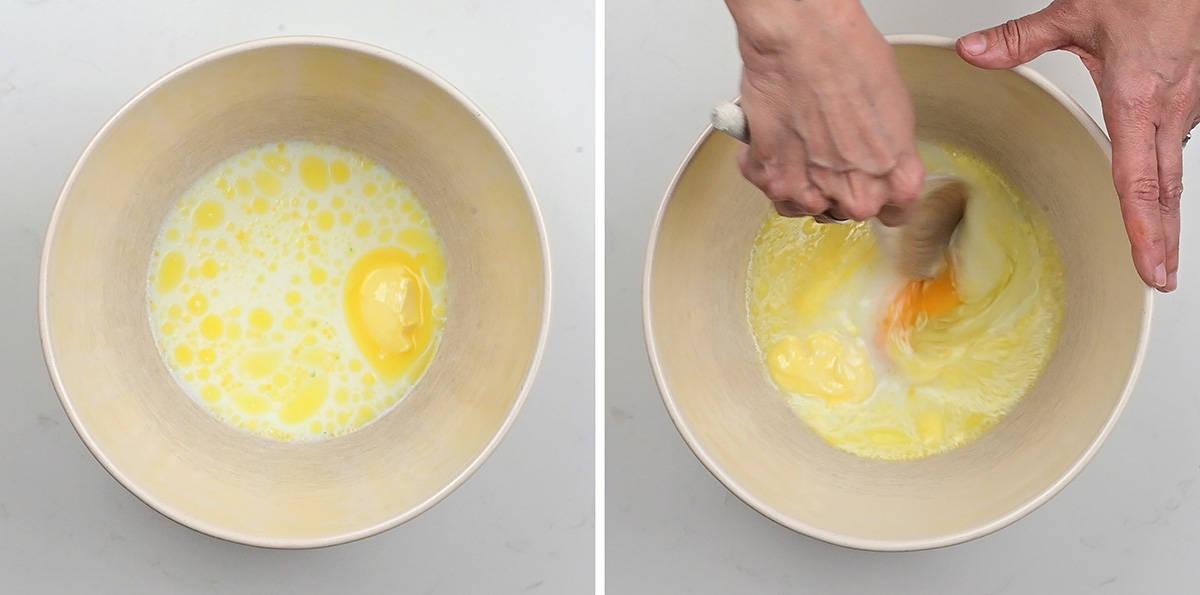 preparing donut dough in a mixing bowl