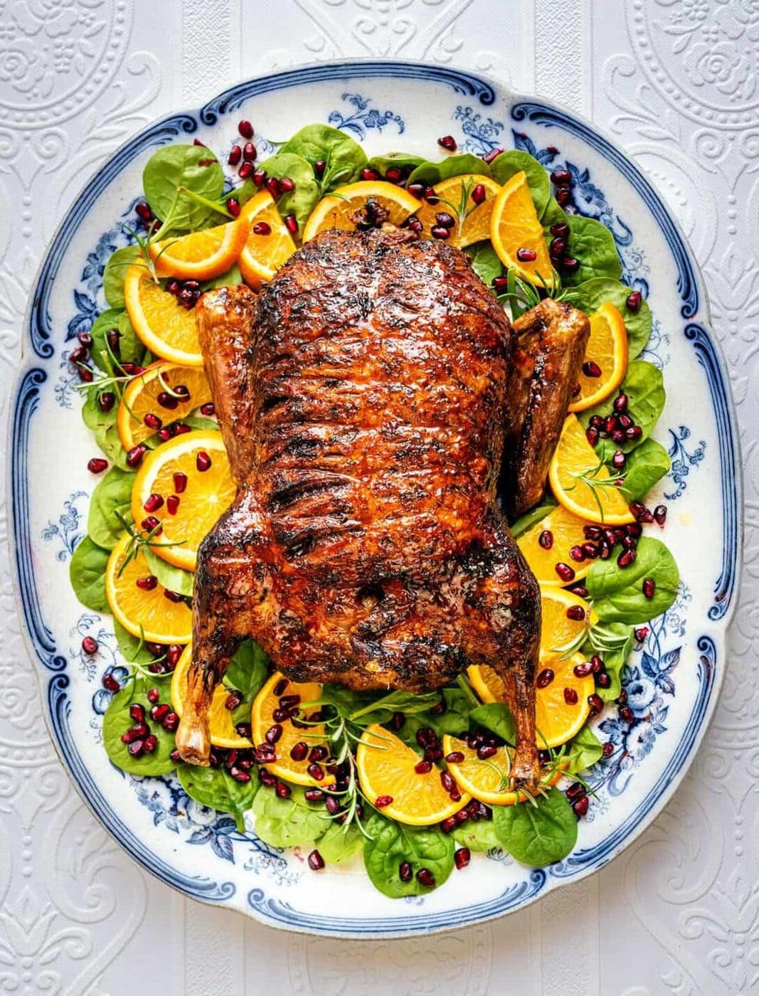Roast Duck cooked in the air fryer arranged on a platter