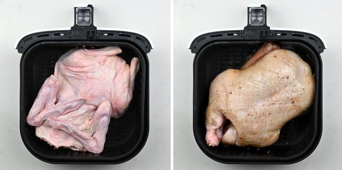 whole duck in the basket of an air fryer demostrating cooking steos