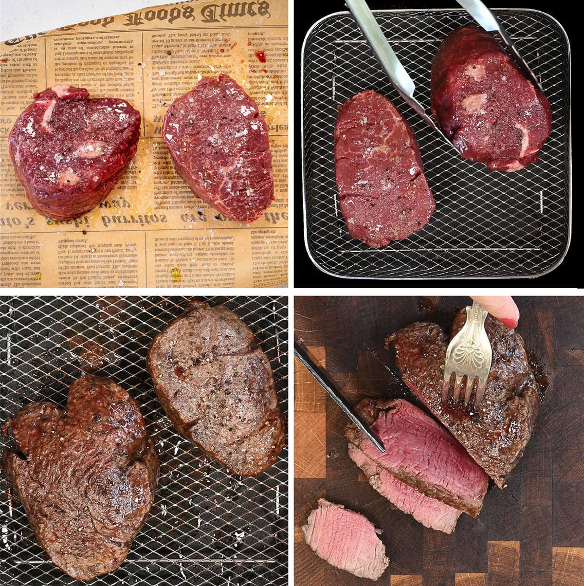 Four images show the process of cooking fillet steak: raw steak seasoned on paper, steaks placed on a grill, steaks grilled and browned, and one steak being sliced to show a pink interior.