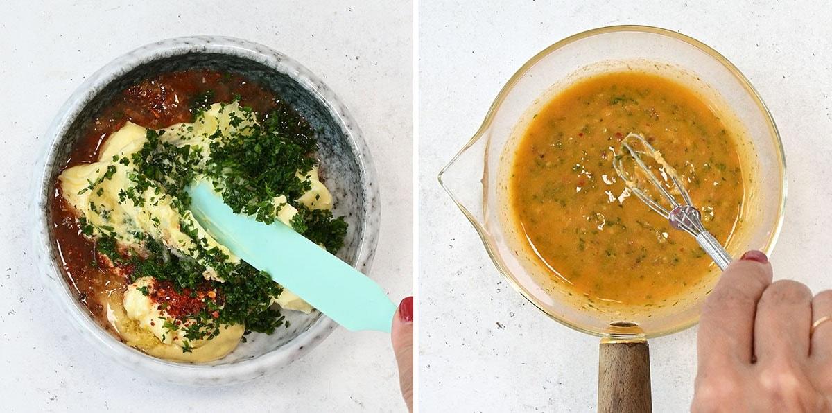 Two side-by-side images: on the left, chopped herbs and sauces are being mixed in a bowl; on the right, a hand whisks the blended dressing in a glass measuring cup.