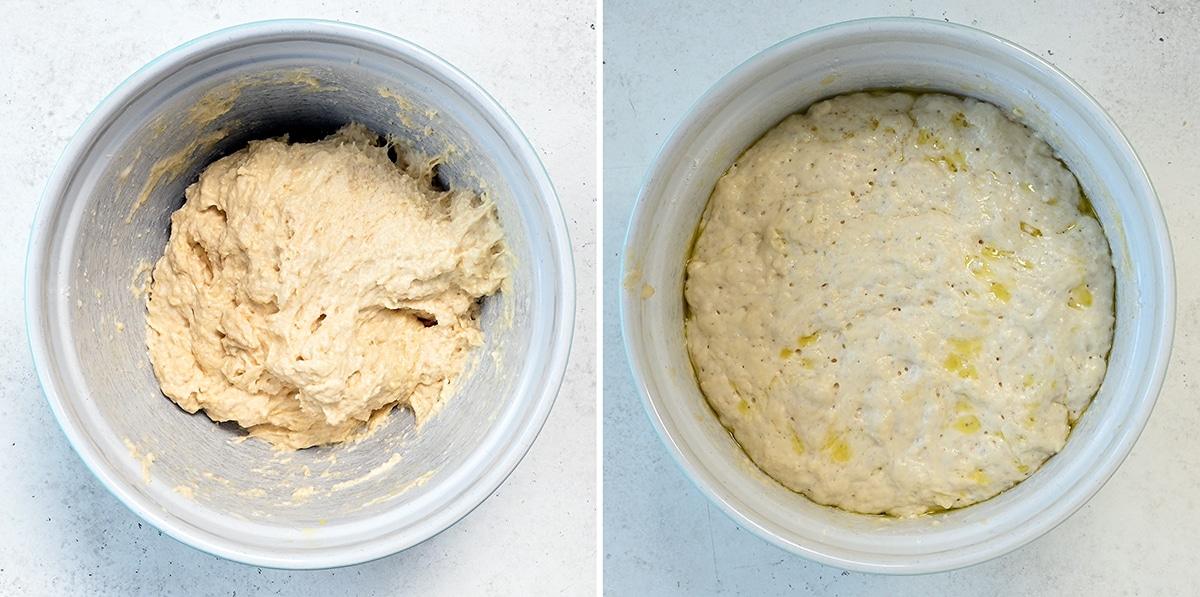 Side-by-side images of bread dough in a white bowl: on the left, freshly mixed sticky dough; on the right, the dough has risen into a pillowy, bubbly, and puffed-up texture with some oil glistening on the surface.