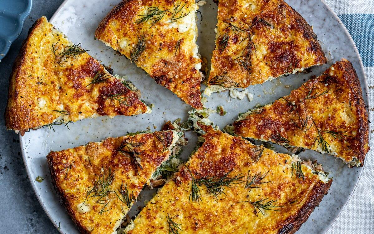 air fryer frittata, sliced, on a plate