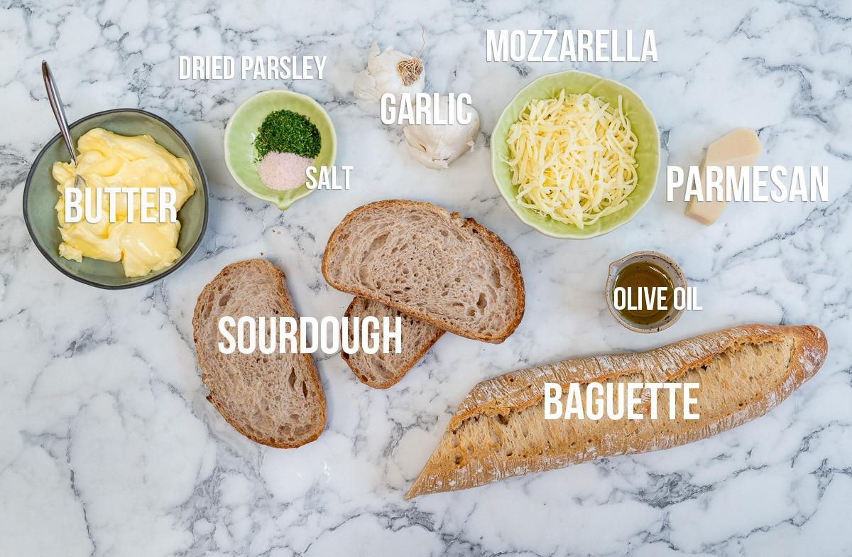 air fryer garlic bread ingredients, with captions